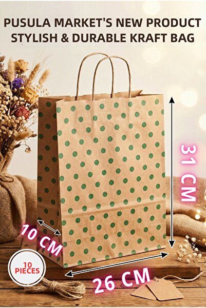Pusula Marketim حزمة من 10 أكياس كرافت منقوشة باللون الأخضر مع مقابض ملتوية -...