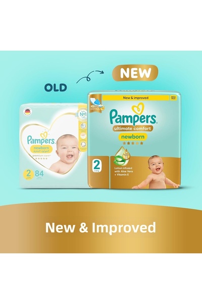 Pampers Baby Diapers | Ultimate Comfort Taped | Size 2 | 3-8 kg | Aloe+Vit E | 84 Ct