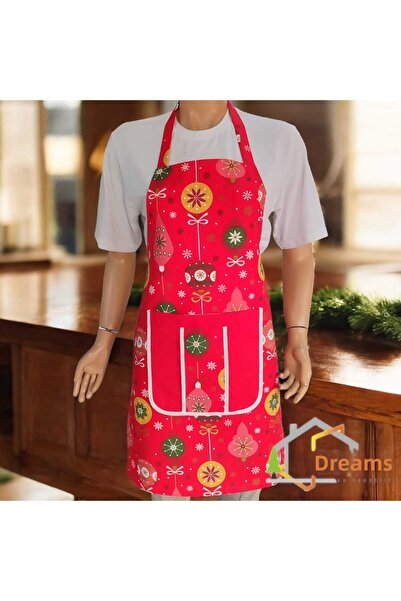 DÜŞLER EV TEKSTİLİ مريلة مطبخ منقوشة على شكل فيونكة باللون الأحمر مع جيوب