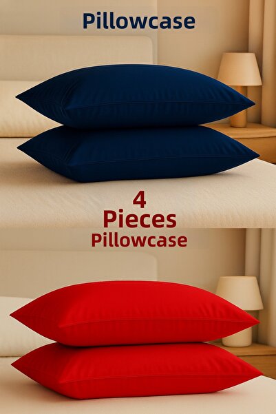 ÇIQRIK HOME 4 Pieces 50 X70 cm 100% Cotton Zippered Pillowcases Navy Blue/Red