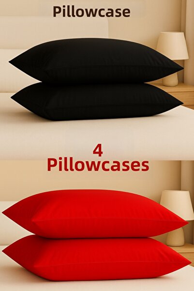 ÇIQRIK HOME 4 قطع غطاء وسادة بسحاب مقاس 50×70 سم قطن قطع أسود/أحمر