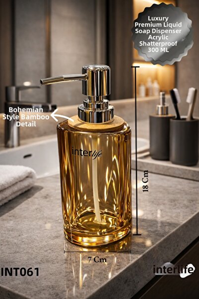 İnterlife Flat Model Glass-Looking Decorative Liquid Soap Dispenser with Pump Bathroom Accessory Gift 300 ml