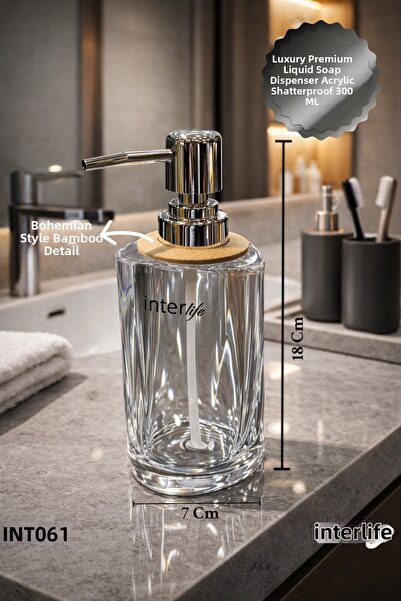İnterlife Flat Model Glass-Looking Decorative Liquid Soap Dispenser with Pump Bathroom Accessory Gift 300 ml