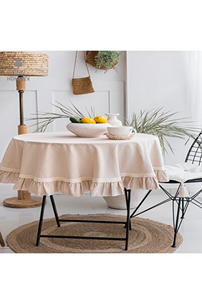 DNC home tekstil Beige Linen Round Ruffled Special Series Tablecloth