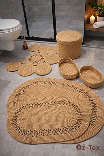 Öz-Tex Home Jute, Bathroom Set, Bath Mat, Mat Set, Makeup Basket, Trash Can, ...