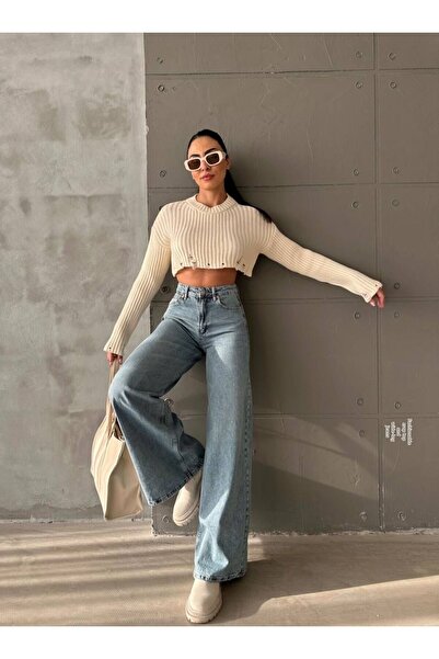 JAXEN بنطلون جينز نسائي NS-64533 بخصر عالٍ وأرجل واسعة