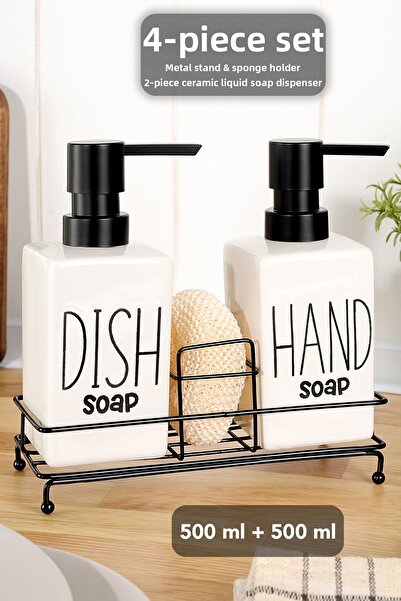 Meleni Home Set of 2 Corner Ceramic Liquid Soap Dispensers - 500 ml Dishwashing Liquid Dispenser with Metal Stand and Sponge Holder White