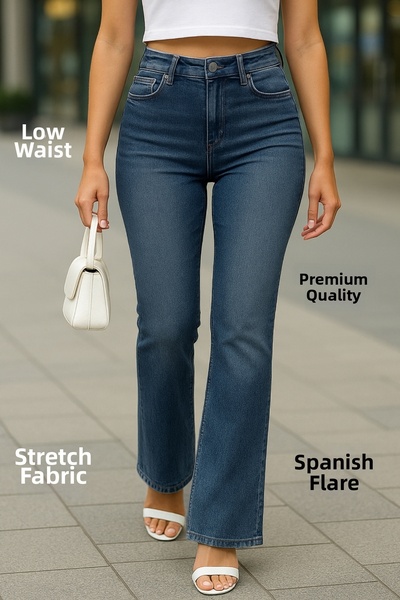 CEDY DENIM Pantaloni de înaltă calitate pentru femei, cu 5 buzunare, cu talie joasă, cu picioare spaniole, SkinnyFit, elastici, C619-albastru