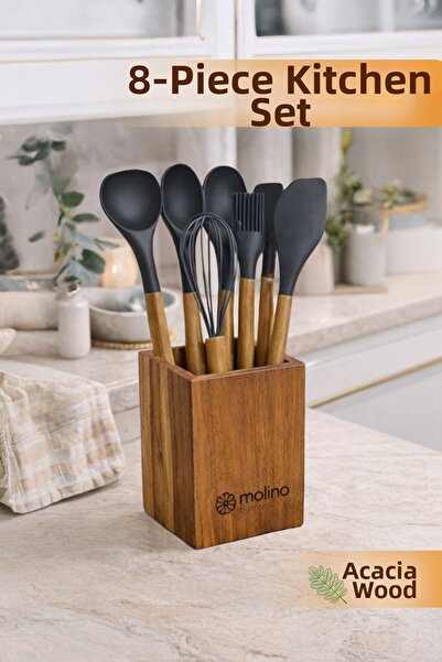 naturelove 8 Piece Kitchen Utensil Set – Acacia Handle Silicone Ladle & Spatu...