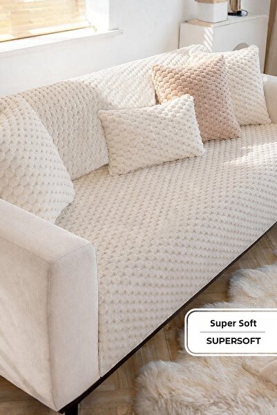 Evlen Home Collection Husa pentru canapea din blana moale 170x215 cm Husa pentru canapea cu baza anti-alunecare din pluș moale, bej