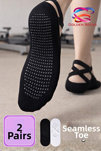 GOLDEN SOCKS Pilates 2 Pairs Yoga Non-Slip Sole Black and White Socks