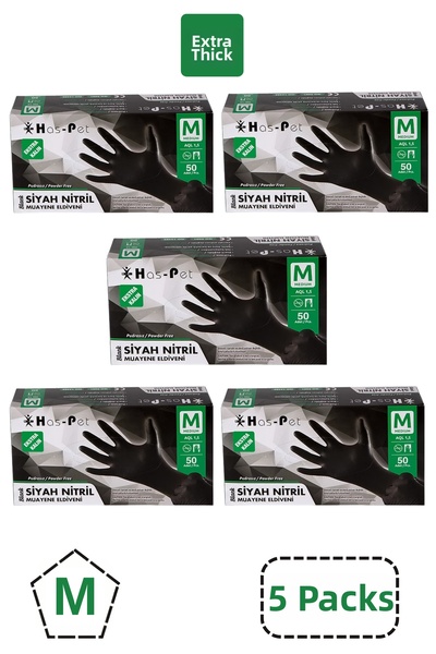 Has-Pet قفازات نتريل سميكة للغاية بدون بودرة، مقاس متوسط، 50 قفازًا في 5 علب