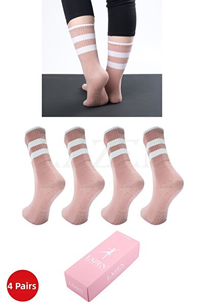 Lazen Women's Yoga Pilates Socks Non-Slip Silicone Sole - Reformer Socks - Yoga Sport - Set of 4 in a Box