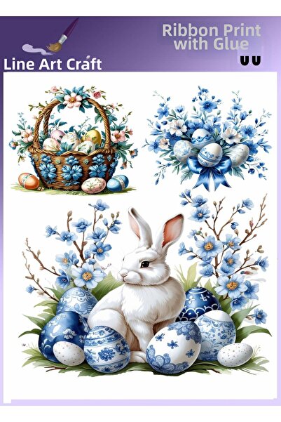 LİNEART 66 بيضة عيد الفصح زرقاء وبيضاء، نقل نمط الأرنب على القماش، نقل على ال...
