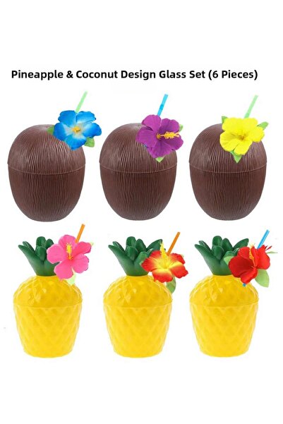 ZERO LAND OZLSTOR Σετ ποτηριών με σχέδιο ανανά και καρύδας με καλαμάκια (1303...