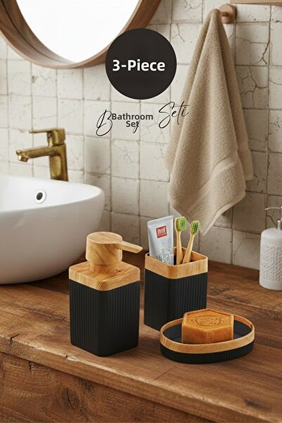 grimorlife 3 Piece Wooden Patterned Bohemian Style Bathroom Set Black (Liquid Soap Dispenser, Solid Soap Dispenser, Toothbrush Holder)