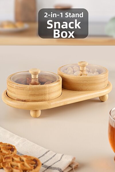 Meleni Home Set de 2 boluri din bambus pentru gustări cu suport - Bol de prezentare pentru cafea cu capac Bol din bambus pentru mic dejun
