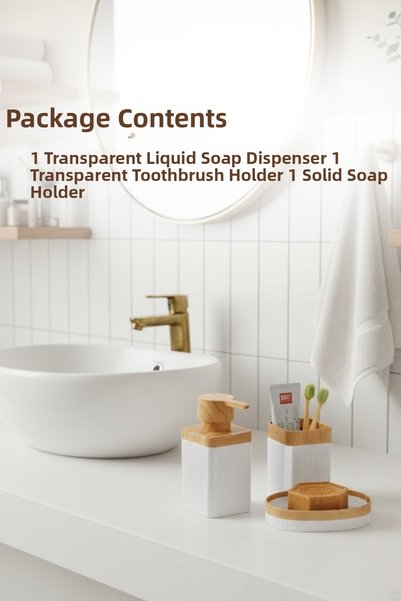 grimorlife 3 Piece Wooden Patterned Bohemian Style Bathroom Set White (Liquid Soap Dispenser, Solid Soap Dispenser, Toothbrush Holder)