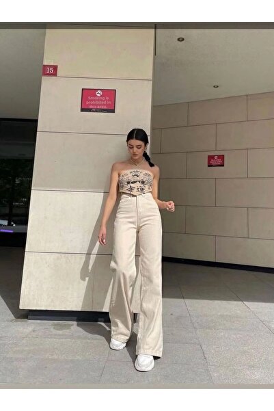 kleshus بنطلون جينز زوفيا دين كريمي عالي الخصر أرجل واسعة، بنطلون نسائي فضفاض...