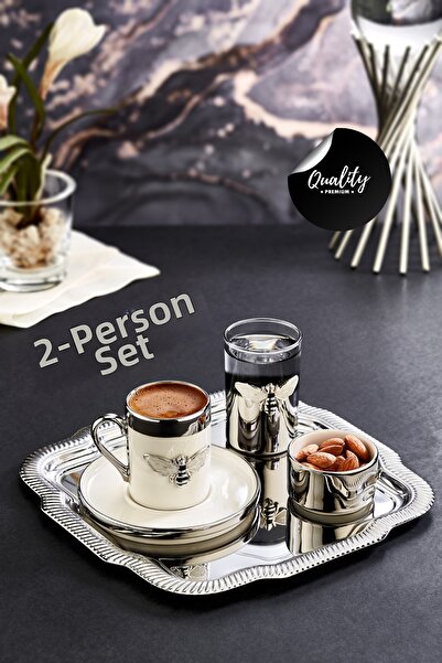 grimorlife 2-Person Silver Porcelain Cup Presentation Set with Tray and Pearlescent Bee Detail - Promise Engagement Coffee Cup