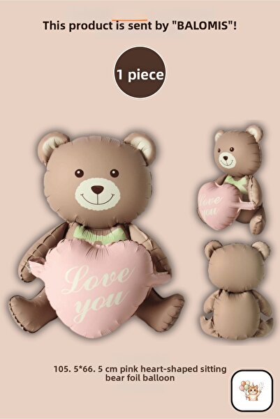 BALOMİS Pink Heart Sitting Bear Shaped Foil Balloon 105.5×66.5 cm
