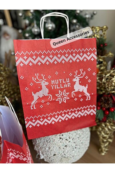 QUEEN AKSESUAR Red Mesh Motif Happy Birthday Written Snowflake Deer Pattern Paper Bag Cardboard Bag 1Pcs
