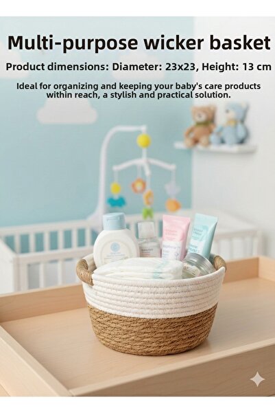 sever ithalat Decorative Two-Tone Wicker Knitted Basket Multi-Purpose Organizer with Handles (3 Size Options - Sold Individually)