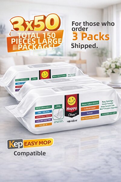 KEP هابي كلين إيزي، قطع قماش للمسح، 3 قطع من 50 قطعة - مناديل مبللة للمسح - برائحة الصابون الأبيض - لجميع أنواع الأرضيات