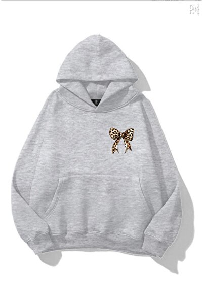 INFLUYENTE Hanorac de iarnă pentru femei Minimal Leopard Bow cu imprimeu cu g...