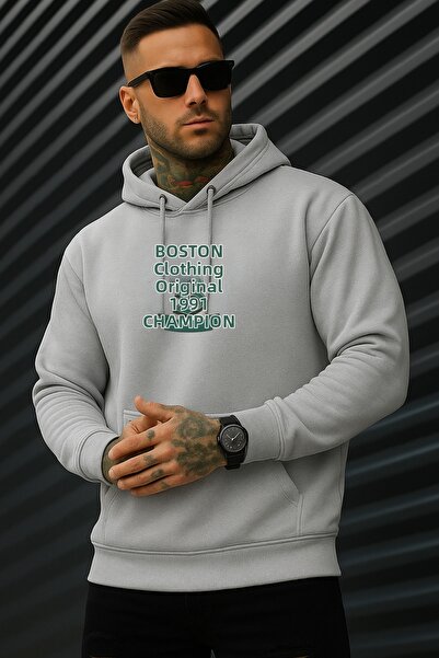 INFLUYENTE Hanorac pentru bărbați Winter Boston cu imprimeu Cotton cu glugă K...