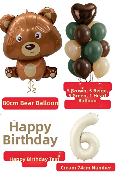 Baloncu Dede Set de baloane cu text de la mulți ani, 6 ani, ursuleț maro, verde, maro, verde, nisip, set de baloane pentru ziua de naștere