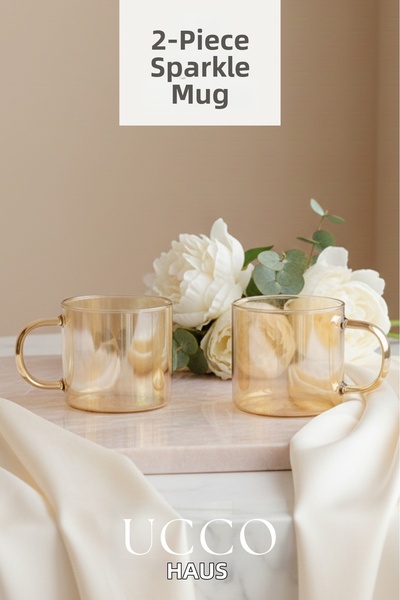 UCCO Set of 2 350 ml Sparkling Glass Cups Stylish Modern Mug Tea Water Soft D...