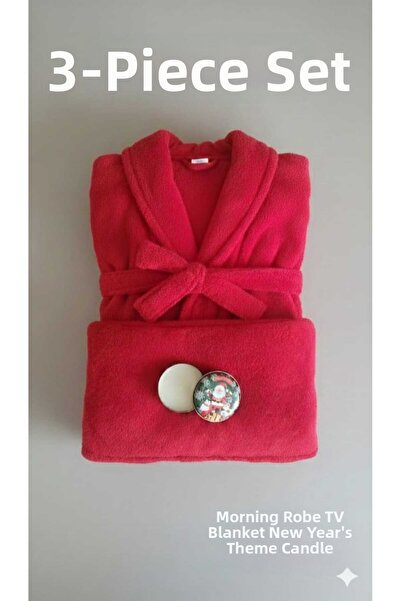 MOONSAND Red Wellsoft 3-Piece Set Plush (Hooded Robes + Blanket + New Year Th...