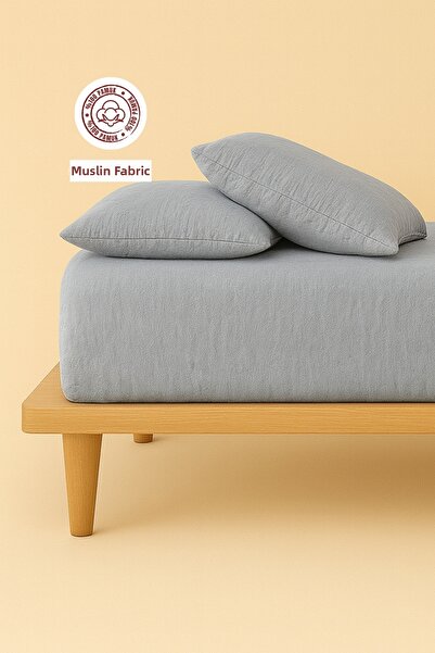 sutra 100% Cotton Muslin Fabric Double Fitted Sheet Set