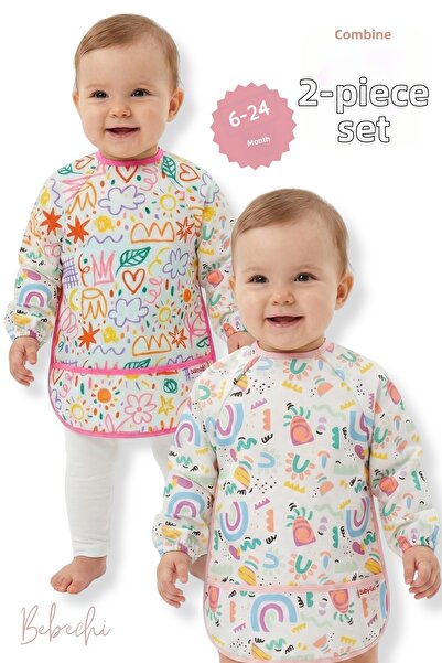 Bebechi 2-Piece Long Sleeve Wearable Pattern Liquid-Proof Activity and Feeding Bib 6-24 Months