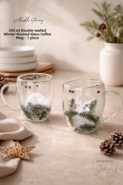Anadolu Saray 250 ml Double Wall Winter Themed Glass Coffee Cup |   Decorative Winter Themed Cup - 1 Piece