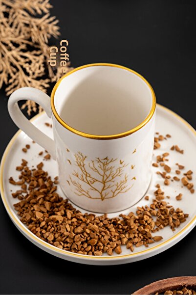 Bonna Porcelain 2-Person 4-Piece White Tree of Life Patterned Coffee Cup Set - Turkish Coffee Cup