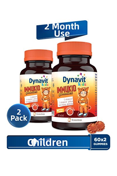 Dynavit حلوى إيموكيد للأطفال 60 قطعة قابلة للمضغ ×2 – فيتامين سي ودي للأطفال، توت أسود - للمناعة والطاقة