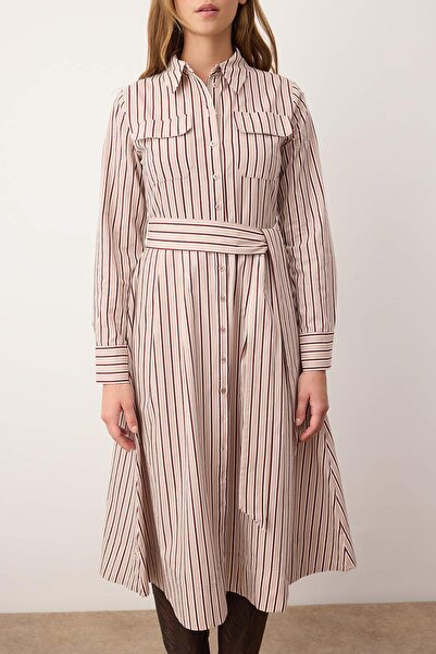 Trendyol Collection Brown Belted Striped Midi Woven Shirt Dress Twoaw26El00328