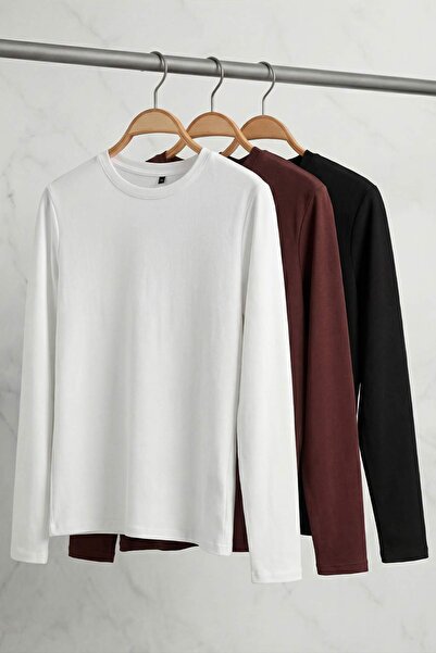 Trendyol Curve Black-White-Brown 3-Pack Regular Fit Basic Crew Neck Knitted T-Shirt Tbbaw26Bf00004