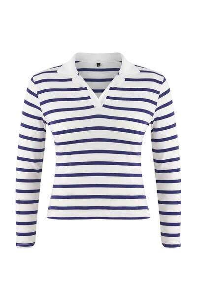 Trendyol Curve Navy Blue Polo Neck Striped Crop Boy Knitted Plus Size Blouse Tbbaw26Af00109