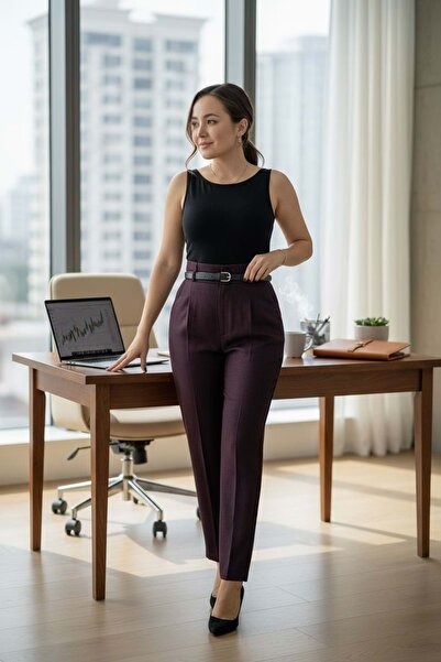 STRENGTH WEAR Kemerli Premium Mürdüm Kumaş Pantolon