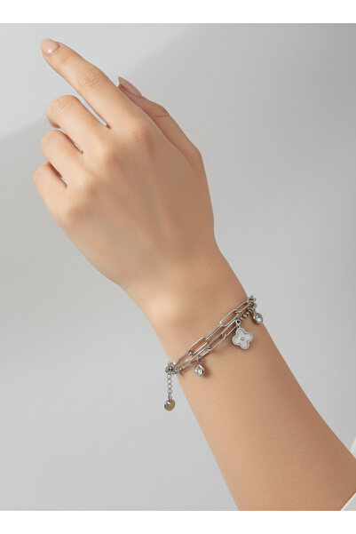 Stilly Kalp-Çiçek-Boncuk Modelli Kararmaz Çelik Bileklik