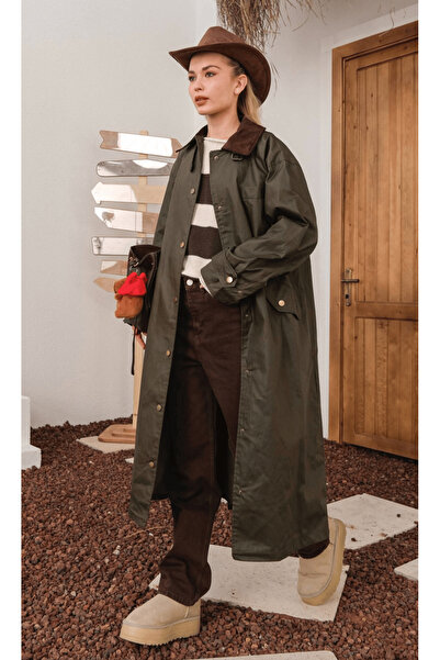 HOPE AND ME Haki Oversize Mumlu Gabardin Ekose Astarlı Trençkot