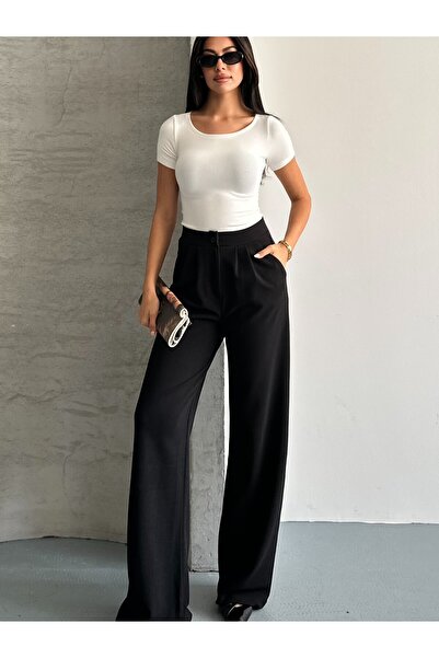 modazoom Ženske crne plisirane visokog struka široke noge Palazzo pantalone C...