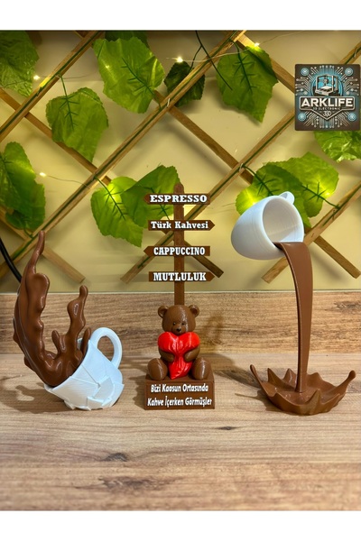 ARKlife 3D Electronic Kahve Köşesi Dekoratif 3lü Set Özel Tasarım Ayıcıklı Tabela Beyaz Kırılan Ve Dökülen Kahve Fincanı