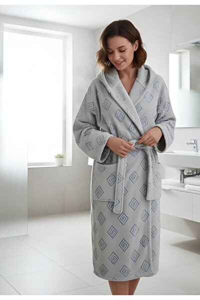 arashomecollection Organic Dyed 100% Cotton Ice Blue Oversized Dowry Bathrobe with Geometric Pattern Hooded