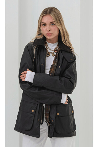 HOPE AND ME Oversize Mumlu Gabardin Ekose Astarlı Fermuarlı Siyah Parka