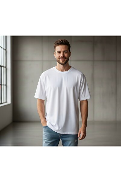 Bisiklet Yaka Düz Kesim Beyaz Erkek T-Shirt