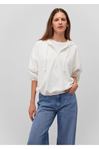 Mavi Yarı Fermuarlı Kapüşonlu Beyaz Sweatshirt 1S10248-80194